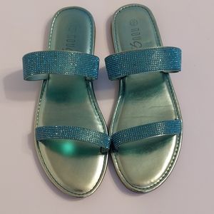 ‼️3 for $20‼️  Rouge Helium Turquoise Blue Crystal Embellished Flat Slides